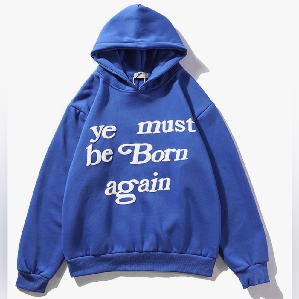 NEW- NAGRI Ye Must Be Born Again Graphic Print Hoodie - Heavyweight COLOR: Blue